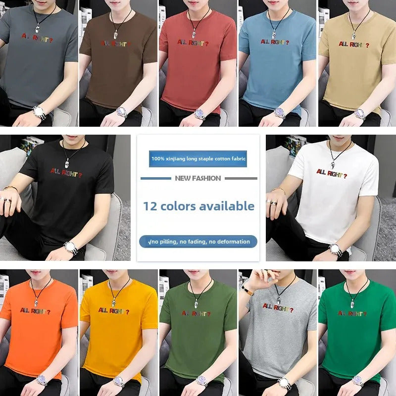 T恤男Pure Cotton Men's T-Shirt Half Sleeve Summer Trendy Loose Fit White Top Letter Print Base Layer Crew Neck T-Shirt