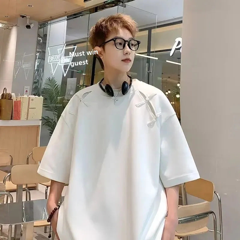 T恤男New Summer Men's T-Shirt Chinese Style Loose Fit Half Sleeve Design Sensibility Heavy Duty Casual Daily Wear Crew Neck
