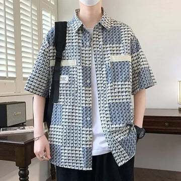 衬衫男Trendy Plaid Men's Short Sleeve Shirt Casual Loose Fit Summer Half Sleeve Shirt Trendy Brand Men's Shirt