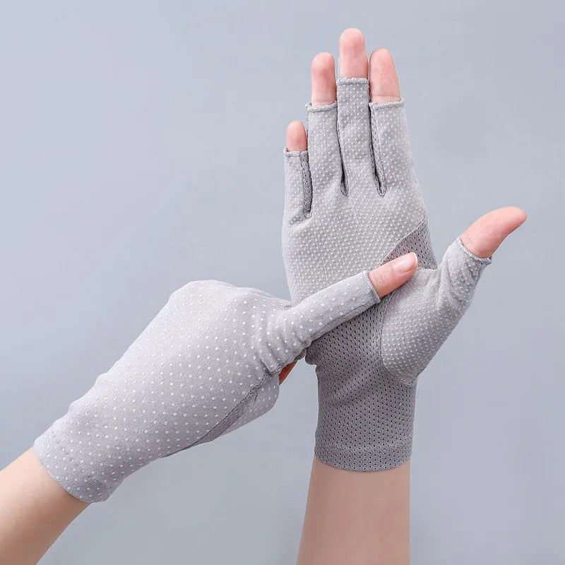 防晒手套女Summer Half Finger Women Sports Cotton Non-Slip Gloves Drive Cycling Sunscreen Short Fashion Personality Dots Anti-UV Thin