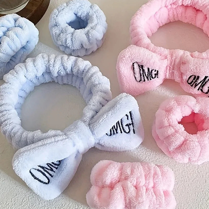 发饰3pcs/set Cute Soft Coral Fleece Wrist Washband Bow Headband For Women Girl Wash Face Bath Absorb Water Hairband Hair Accessories