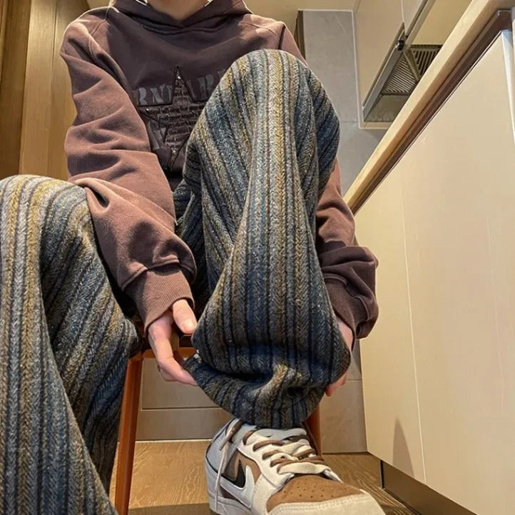 休闲裤男Casual Vintage Woolen Pants Men Women's Same Style Bell Bottoms Striped Pattern Loose Fit American Style Spring Autumn Trousers