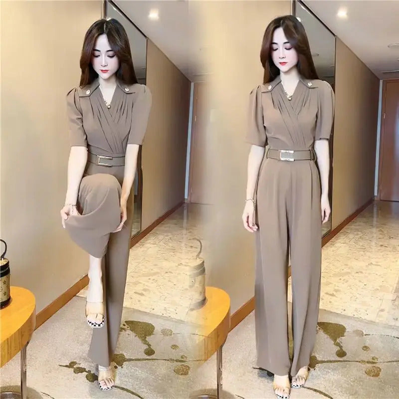商务装女Temperament Fashion Jumpsuit 2023 Spring/Summer Korean Version New Short Sleeve Fashionable Waist Slim Wide Leg Jumpsuit