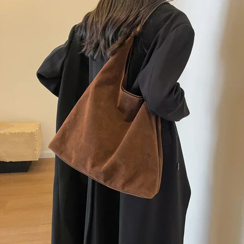 包包Vintage Women's Bag Large Capacity Suede Shoulder Bag Solid Color Simple Casual Commuter Bag
