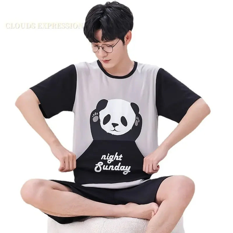 睡衣男Summer Plus 4XL Cartoon Panda Big Boys Pyjamas Knitted Men's Pajamas Sets Sleepwear Pyjamas Nightwear Suits Pijamas Loungewear
