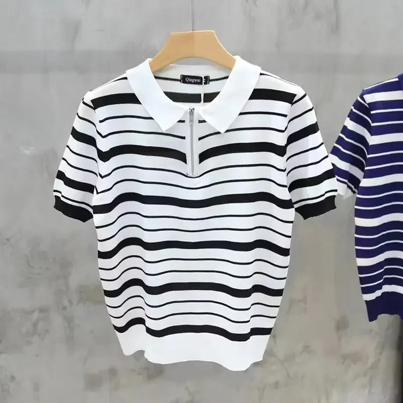 POLO男Spring Summer New Striped Thin Color Blocking POLO Knitted Top Men's Short Sleeves Breathable Lapel Loose Fit Versatile Top