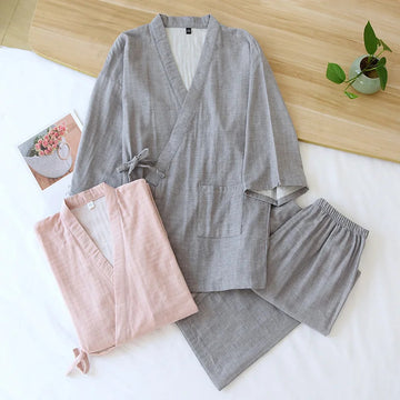睡衣男New spring and summer Japanese kimono two-piece couple pajamas set cotton loose large size men and women long sleeve trousers
