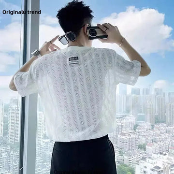T恤男High-End Feeling Hollow Out T-Shirt Men's Summer Ice Silk Half Sleeve INS Trendy Brand Short Sleeves 2023 New Men's Clothing