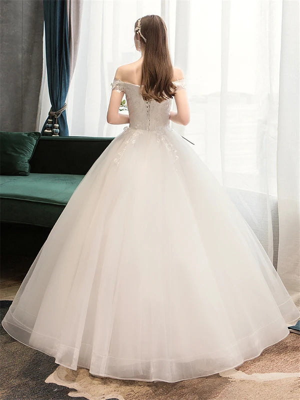 礼服女Plus Size Lace Flowers Peals Wedding Dresses Simple Elegant Wedding Gowns Bride Dress Boda robe de mariee Boat neck Off Shoulder