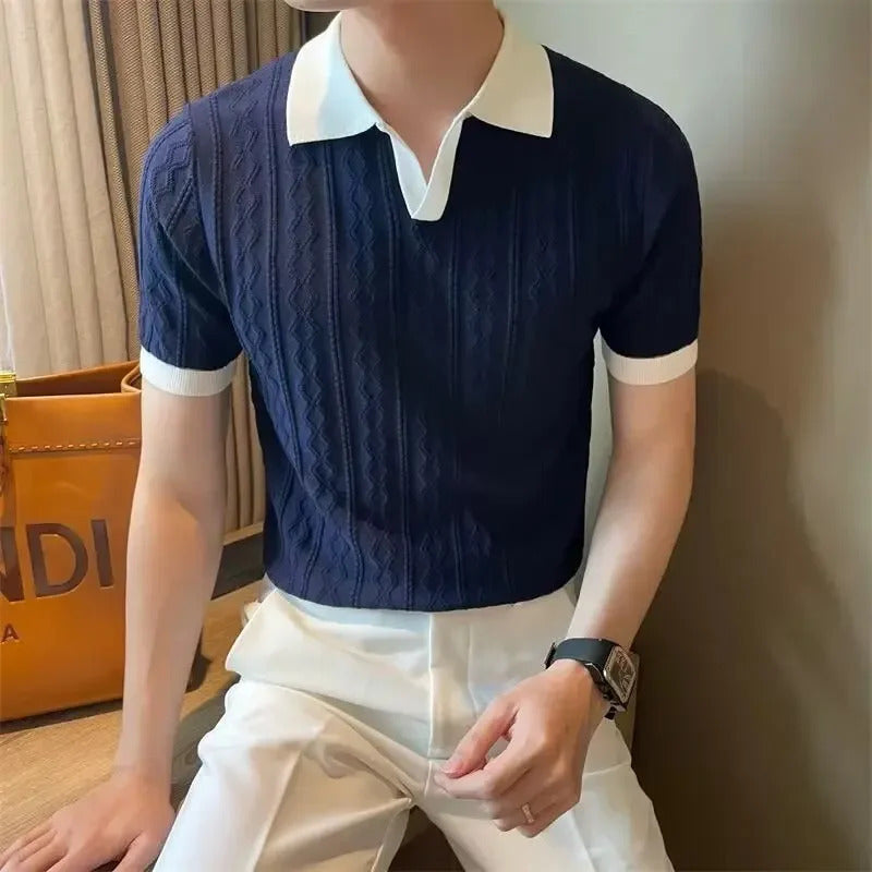 POLO男Breathable Italian Style Color Block Polo Shirt For Men Lightweight Trendy Vlapel Jacquard Texture Summer Casual Wear