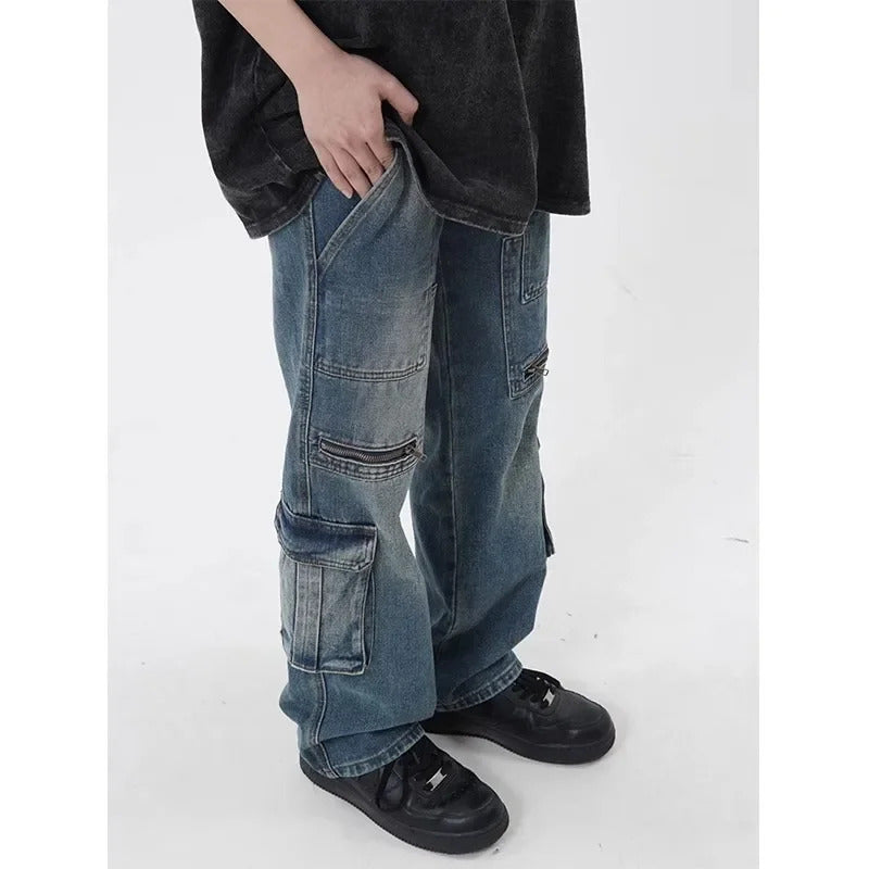 牛仔裤男Vintage High Street Loose-fit Straight-leg Jeans For Men Women Casual Bell Bottoms Retro Workwear Pocketdenim Couple Trousers