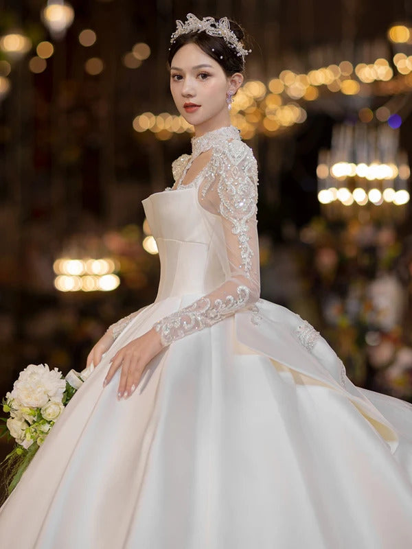 礼服女Satin French Wedding Dress 2023 New Bridal Long Sleeve Heavy Industry High Texture Bridal Gowns