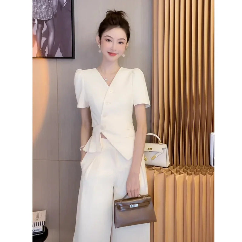 商务装女Korean Fashion Vest Suit Women Clothing Sleeveless Commuting White Coat+Casual Long Pants Fashion Two Piece Sets Women Outfits