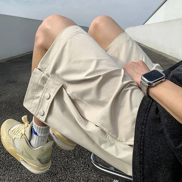 短裤男Mens Loose Sports Pants Hip Hop Harajuku Straight Cargo Shorts Solid Black Button Knee Length Drawstring Casual 5 Point Pants