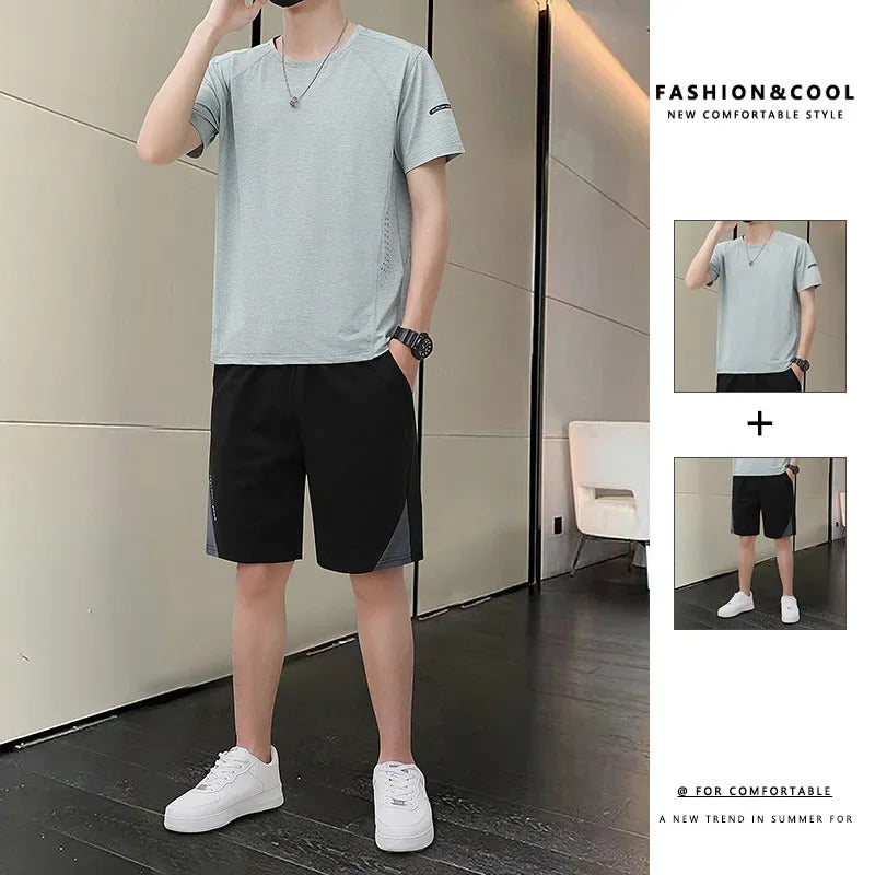 男士套装Quality Men's Sport Casual Suit Summer Ice Silk Short Sleeves Trendy Brand Men's Wear New Teenage Sportswear Set