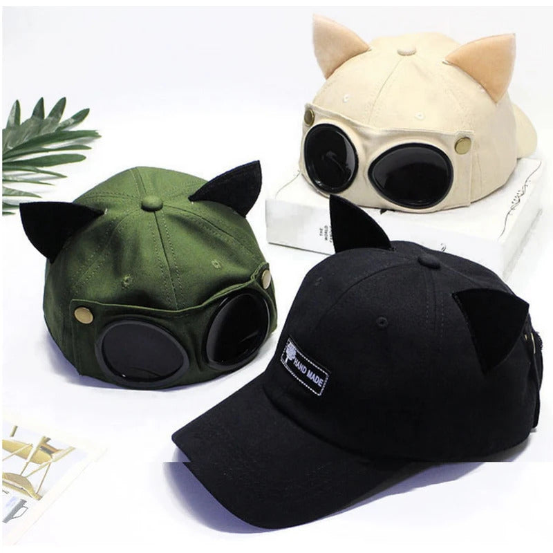 帽子女Cute Cat Ears Baseball cap Pilot Goggles Hip Hop Cap for girls Women Men‘winter hat funny friend gathering Costume
