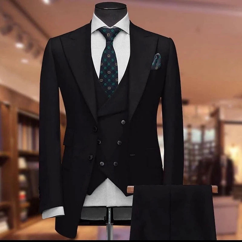 礼服男Custom Solid Color Men's Suits Elegant 3 Piece Jacket Pants Vest Full Set Single Breasted Peak Lapel Male Clothing Office Blazer