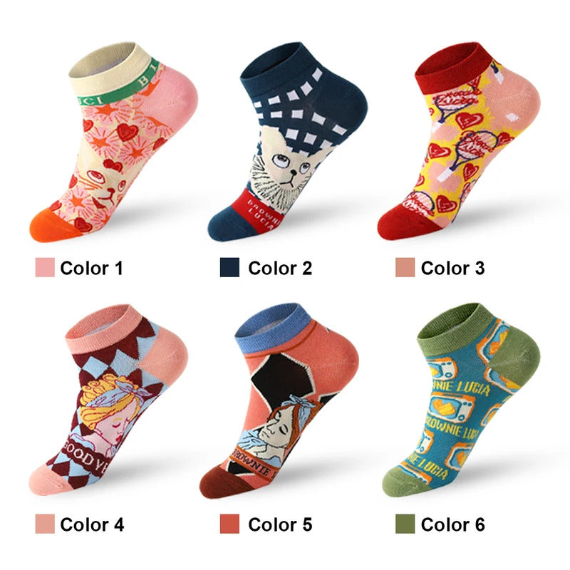 6 pair/batch Fashion Cartoon cat Men's Short Socks Soft Breathable Cotton Casual Socks Male boat Socks Cotton women ankle Socks男士袜子