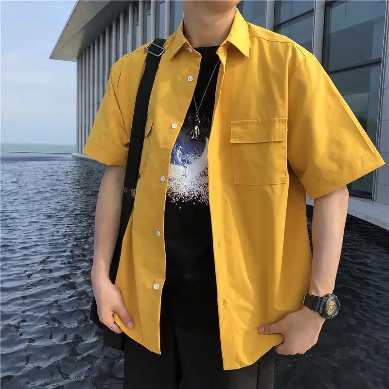 衬衫男Elegant Fashion Harajuku Slim Fit Ropa Hombre Loose Casual All Match Outerwear Square Neck Solid Button Middle Sleeve Shirt