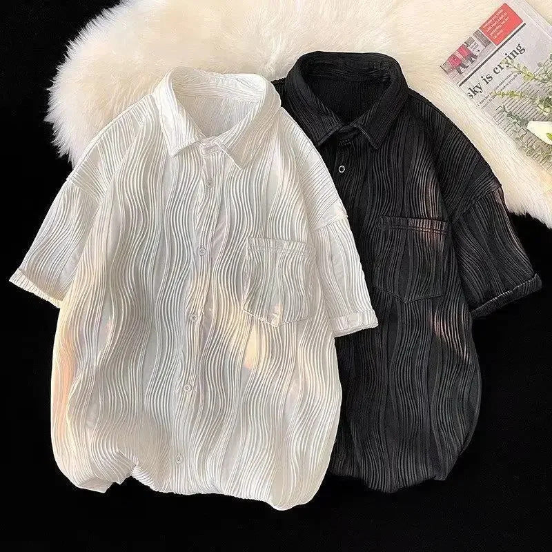 衬衫男Summer Casual Thin Ice Silk Shirt For Men Short Sleeves Loose Fit Trendy High-end Feeling Shirt Trendy Jacket