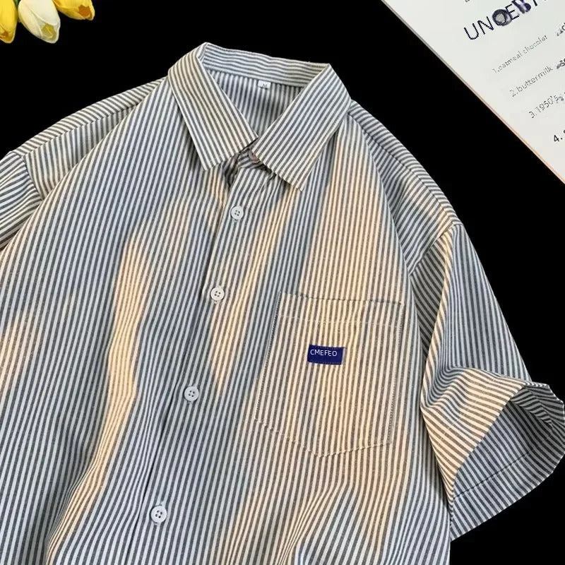 衬衫男2024 Summer New Striped Loose-fit Shirt Men's Thin Cotton T-shirt Student Couple Casual Wear Top Short Sleeve