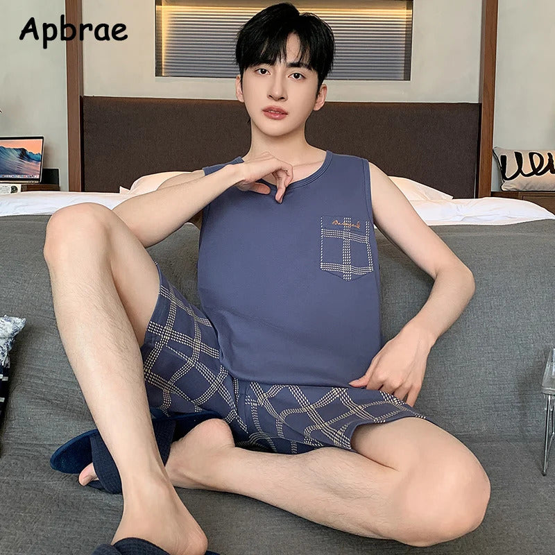 睡衣男Summer Sleeveless Two Piece Set Men Pajamas Summer Soft Cotton Pajama Sets for Man Plaid Pants Pjs Fashion Man Sleepwear