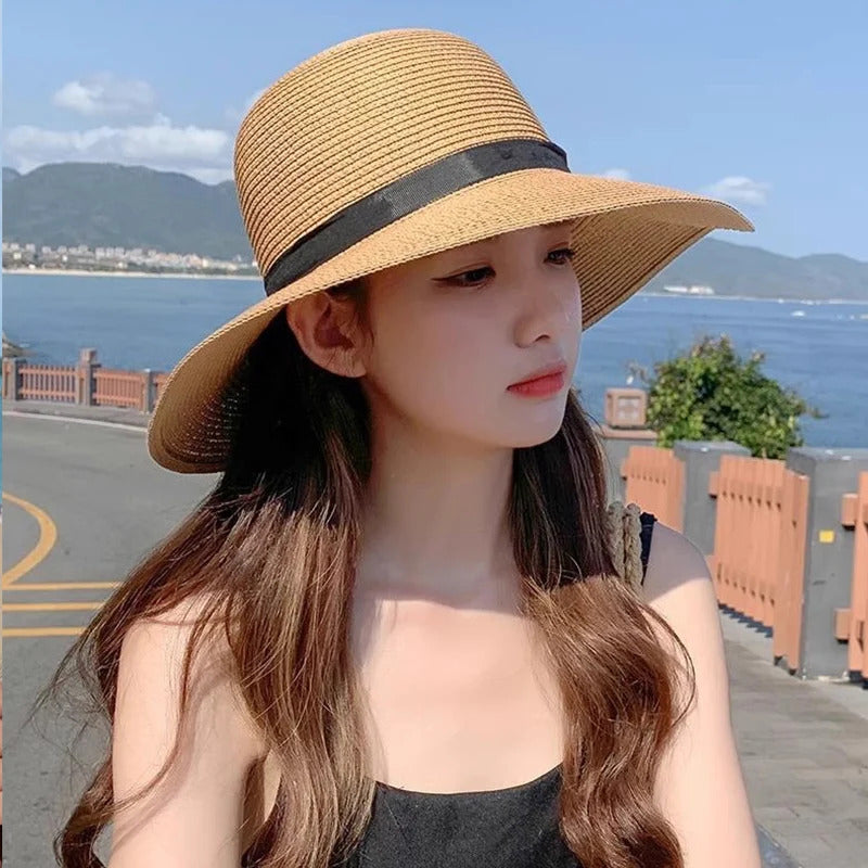 帽子女New Black Ribbon Bowknot Straw Hat For Women Wide Brim Floppy Anti-UV Protection Panama Cap Female Lady Beach Travel Sun Caps