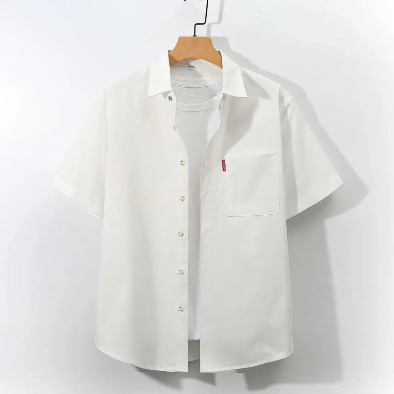 衬衫男Men's Casual Loose-Fit Short Sleeve Shirt Summer New Style Korean Fashion Solid Color Shirt Trendy Youth Half Sleeve Top
