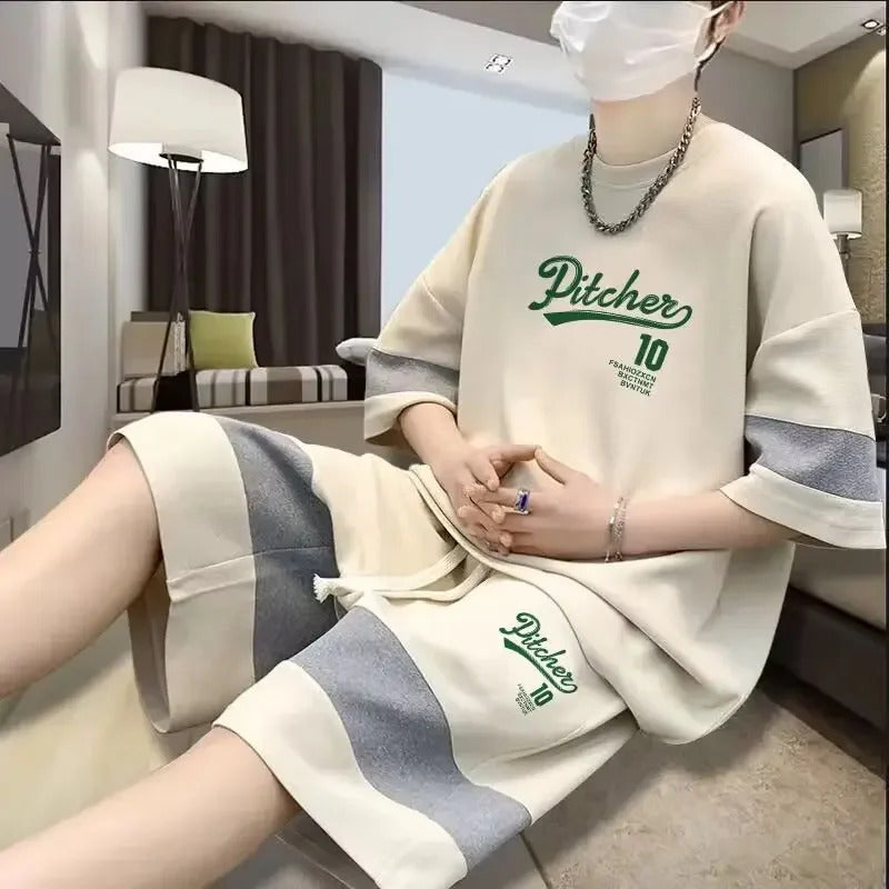 男士套装New Loose-Fit Short Sleeve Casual Sports Two-Piece Set For Young Men Summer Fashion Student Men's Suit Combo