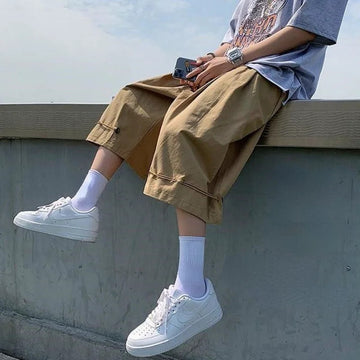 短裤男Summer Knee-length Loose Casual Shorts Men's Loose Casual Streetwear Outerwear Thin 7points Pants Straight Cargo Wide Leg Shorts