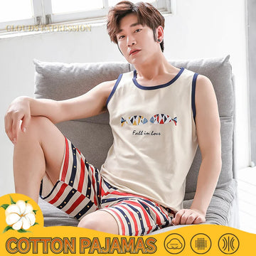 睡衣男Summer Men Pyjamas 100%Cotton Striped Pajamas Set Casual Sleeveless Sleepwear Pyjamas Night Suits Pijamas Plus Size 4XL Home PJ