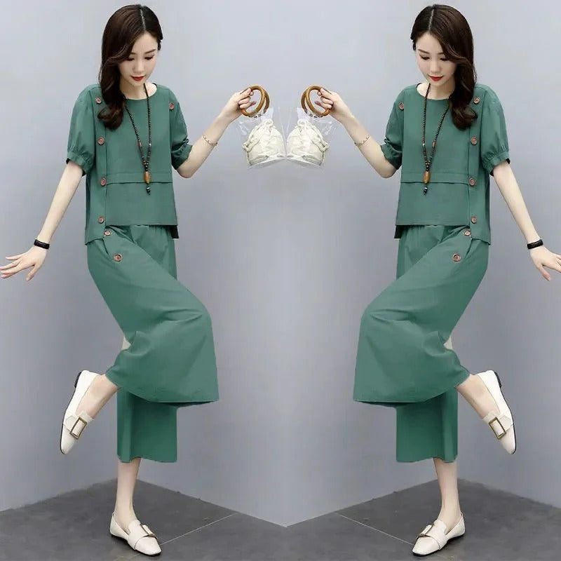 商务装女Women's Short Sleeves Wide Leg Pants Suit 2024 New Casual 2 Two Piece Set Spring And Summer Solid Color Loose Plus Size Clothing