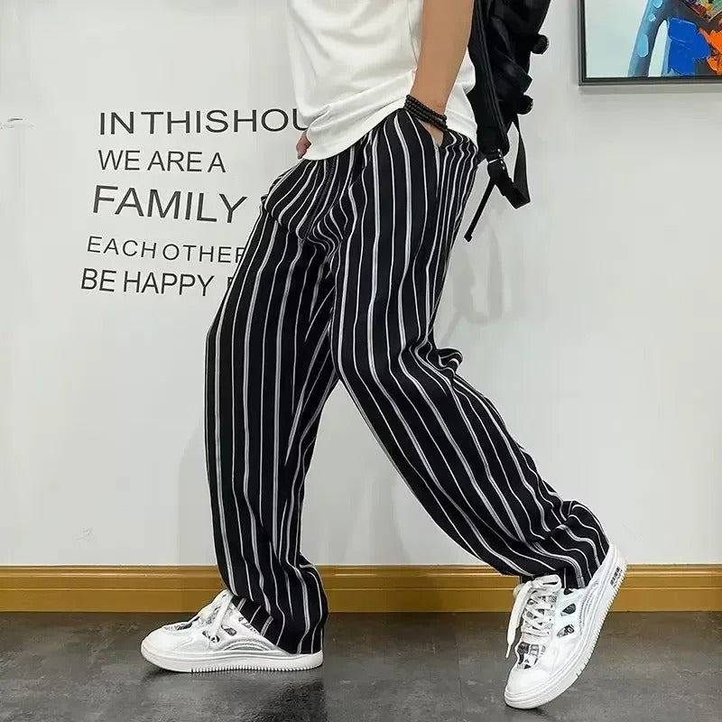 休闲裤男American Style Hip Hop Striped Pants For Men Summer Trendy Brand High Street Loose Fit Draped Ice Silk Straight Leg Wide Leg Swe