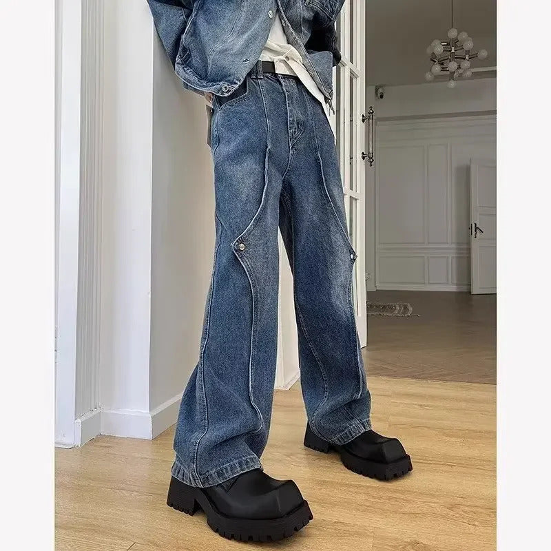 牛仔裤男Vintage Jeans Autumn Trendy Brand High Street Loose-Fit Straight-Leg Long Pants Men's Draped Bell Bottoms From China