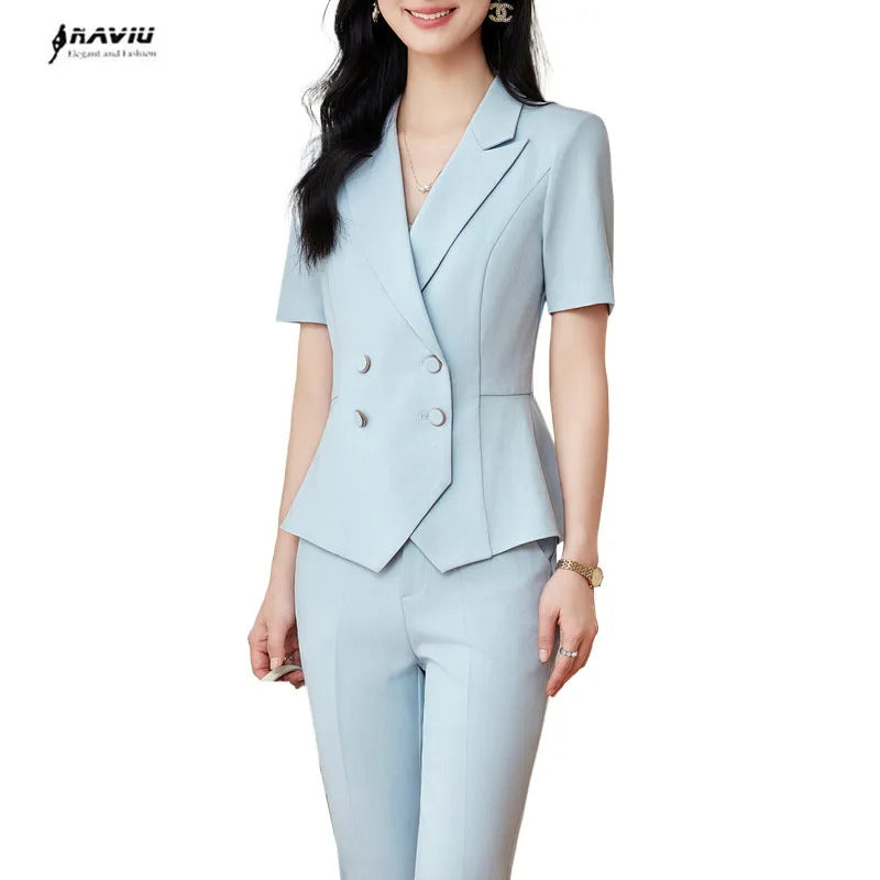 商务装女NAVIU Summer Fashion Blue Blazer Women Skirt Suits Jacket Ladies Work Wear Set Office Uniform Styles Knee Length Pink Black