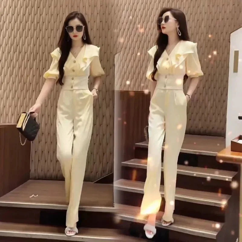 商务装女Temperament Fashion Set Women's Spring/Summer New Ruffled V-Neck Slim Top Fashionable Wide Leg Pants Two Piece Set