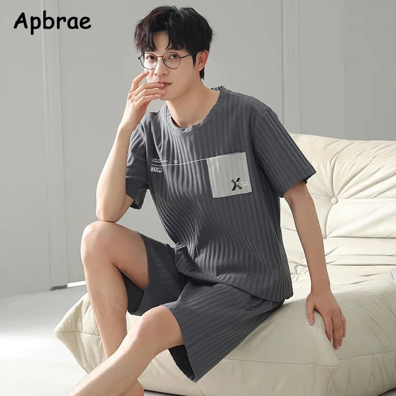 睡衣男Summer Men Faux Cotton Pajamas Set Short Sleeves Shorts Sleepwear for Boy Big Size L-3XL Young Man Pijamas Pullover Homewear