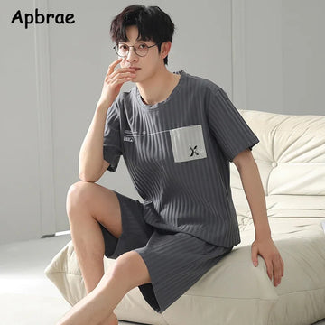 睡衣男Summer Men Faux Cotton Pajamas Set Short Sleeves Shorts Sleepwear for Boy Big Size L-3XL Young Man Pijamas Pullover Homewear