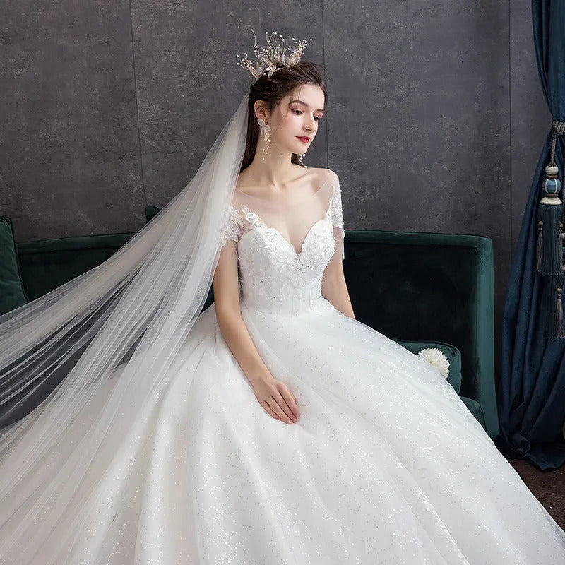 礼服女Custom plus size wedding dresses fashion Classic korean Bride gowns simple Lace Embroidery big train off white champagne Novia
