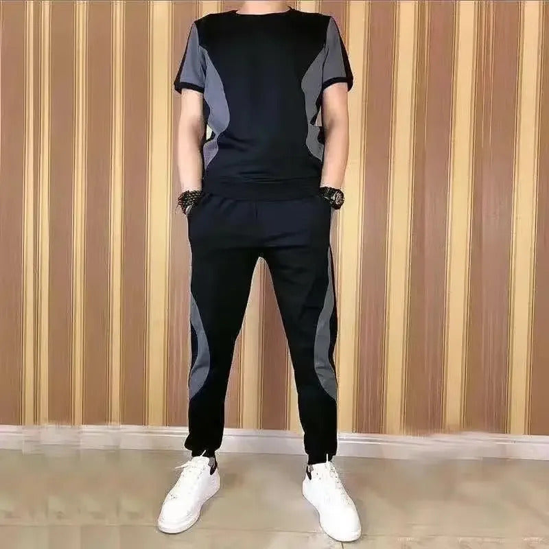 男士套装Summer New Plus Size Men's Round Neck Short Sleeve T-Shirt Cropped Pants Casual Sports Loose-Fit 2-Piece Set Lightweight Ice Sil