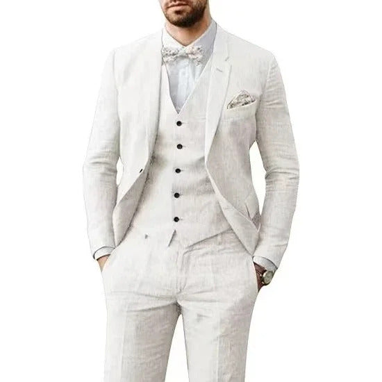 礼服男Linen Suits for Men 3 Pieces Blazer Vest and Pants Set Notched Lapel Elegant Tuxedo Set for Wedding Business Evening Party