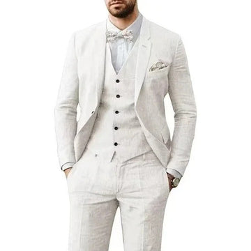 礼服男Linen Suits for Men 3 Pieces Blazer Vest and Pants Set Notched Lapel Elegant Tuxedo Set for Wedding Business Evening Party