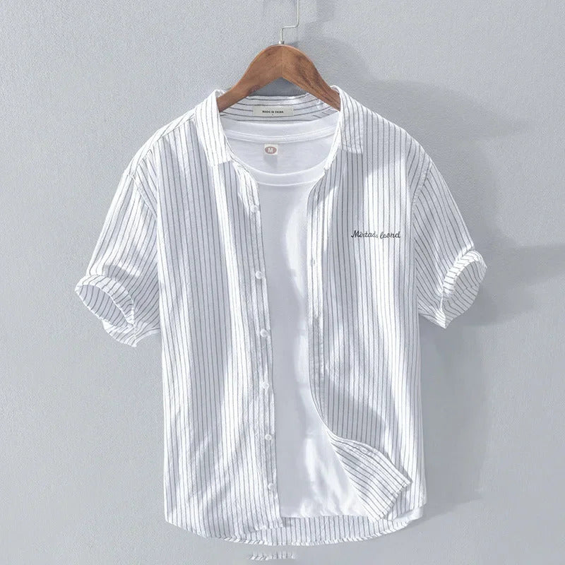 衬衫男Japanese Style Casual Short Sleeve Shirt For Men Summer Thin Loose Fit Striped Underwear Shirt Versatile Outerwear Inch Cloth