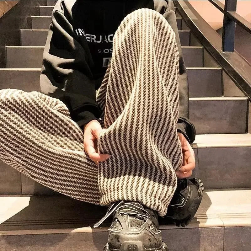 休闲裤男Korean Vintage Striped Woolen Casual Pants For Men High-Waisted Slimming Straight-Leg Wide-Leg Thin Style Spring Autumn