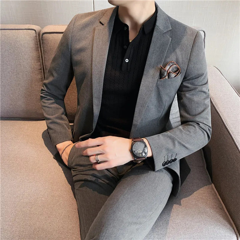 商务装男(Jacket+Pants) 2023 Suits Fashion New Men High Quality Low Price Business Wedding Groom Pure Color Blazers Trousers 2 Pcs Set