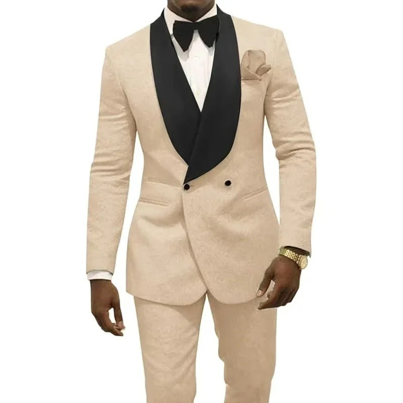 礼服男Men's  Jacquard Suit Two Piece Blazer Pant Set Shawl Lapel Double Breasted Tuxedo For Wedding Party Business