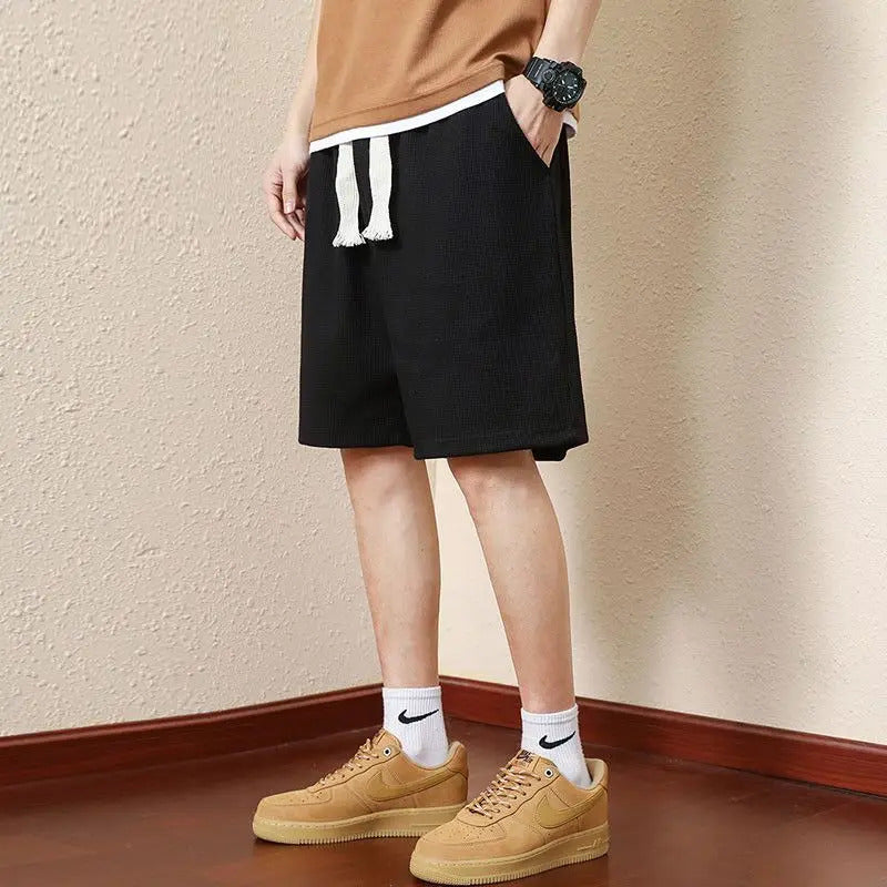 短裤男Men Sport Shorts Drawstring Loose Casual Waffle Simple Breathable Thin Fashion Outdoor Basketball Daily Shorts 5 Colors Options