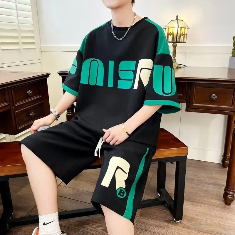 男士套装Summer Casual Loose-fit Trendy White Short Sleeve Sports Suit T-shirt For Junior Senior High School Boys
