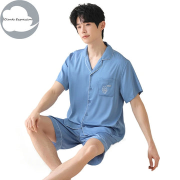 睡衣男Summer Young Cardigan Lounge Pyjamas Faux Silk Men's Pajama Sets Satin Pajama Male Sleepwear Pajamas Nightwear Fashion Homewear