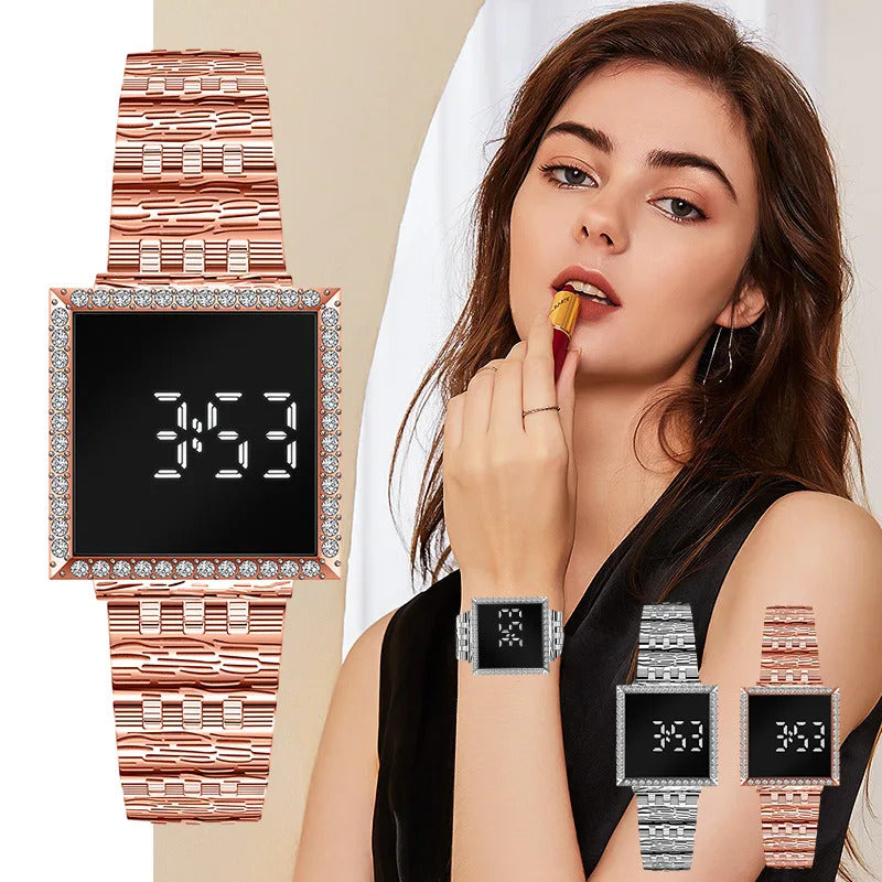 手表女UTHAI W68 Women's Electronic Watch LED Night Glow Square Wristwatch Diamond Inlay Vintage Simple Fashion Ladies Clock Watches